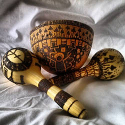 Bowl and rattles, pyrography