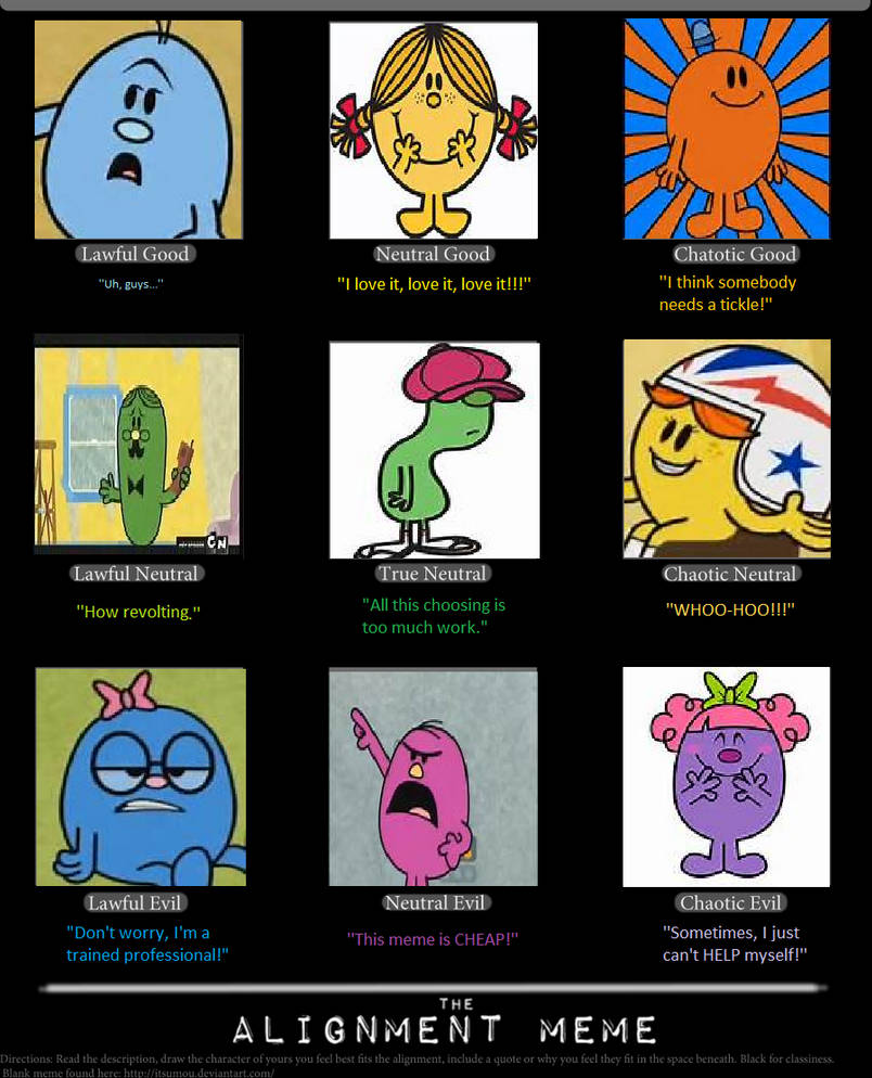 The Mr. Men Show Alignment Meme by riddleschoolrules on DeviantArt