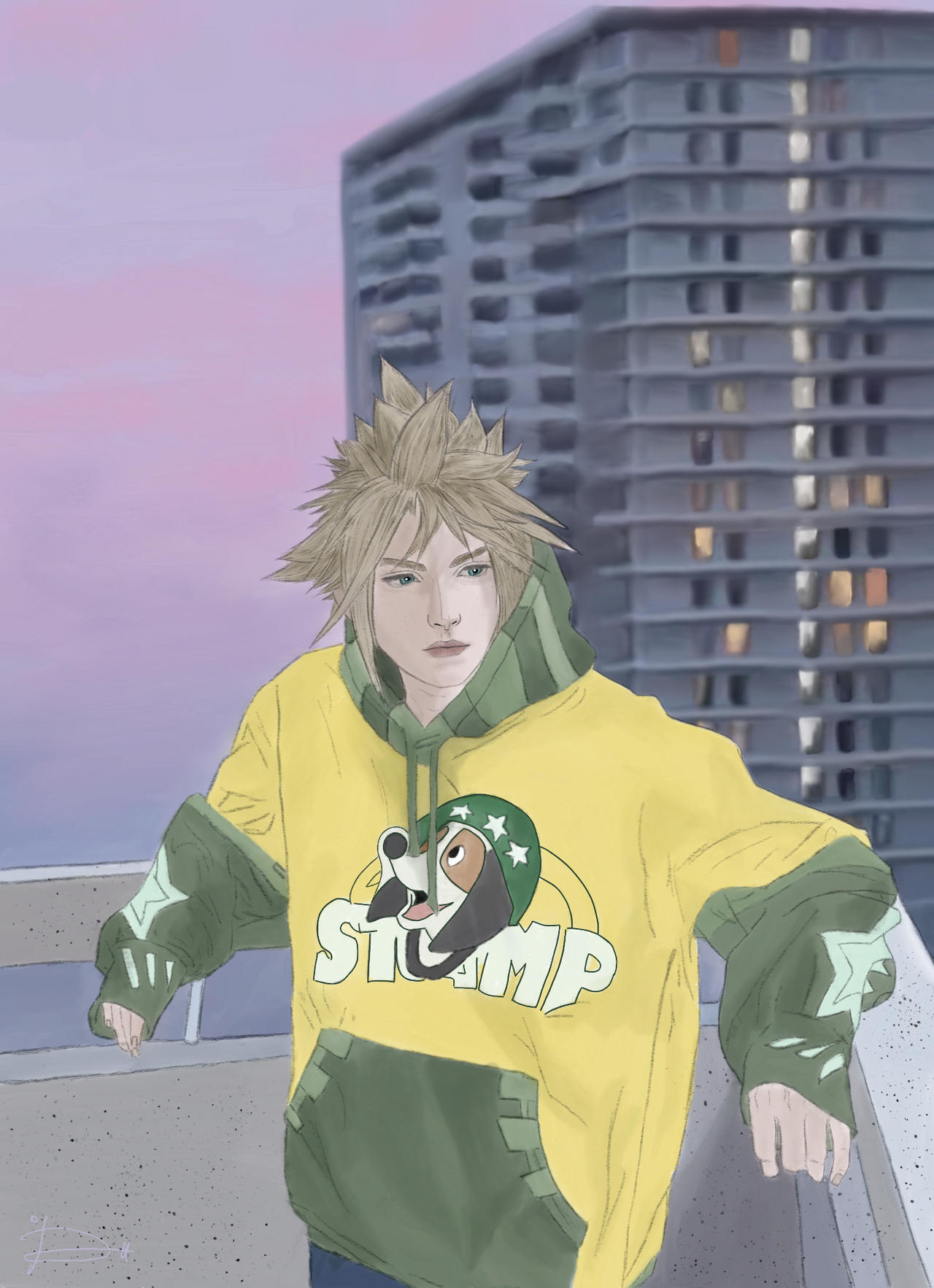 Cloud Strife in a Shinra hoodie