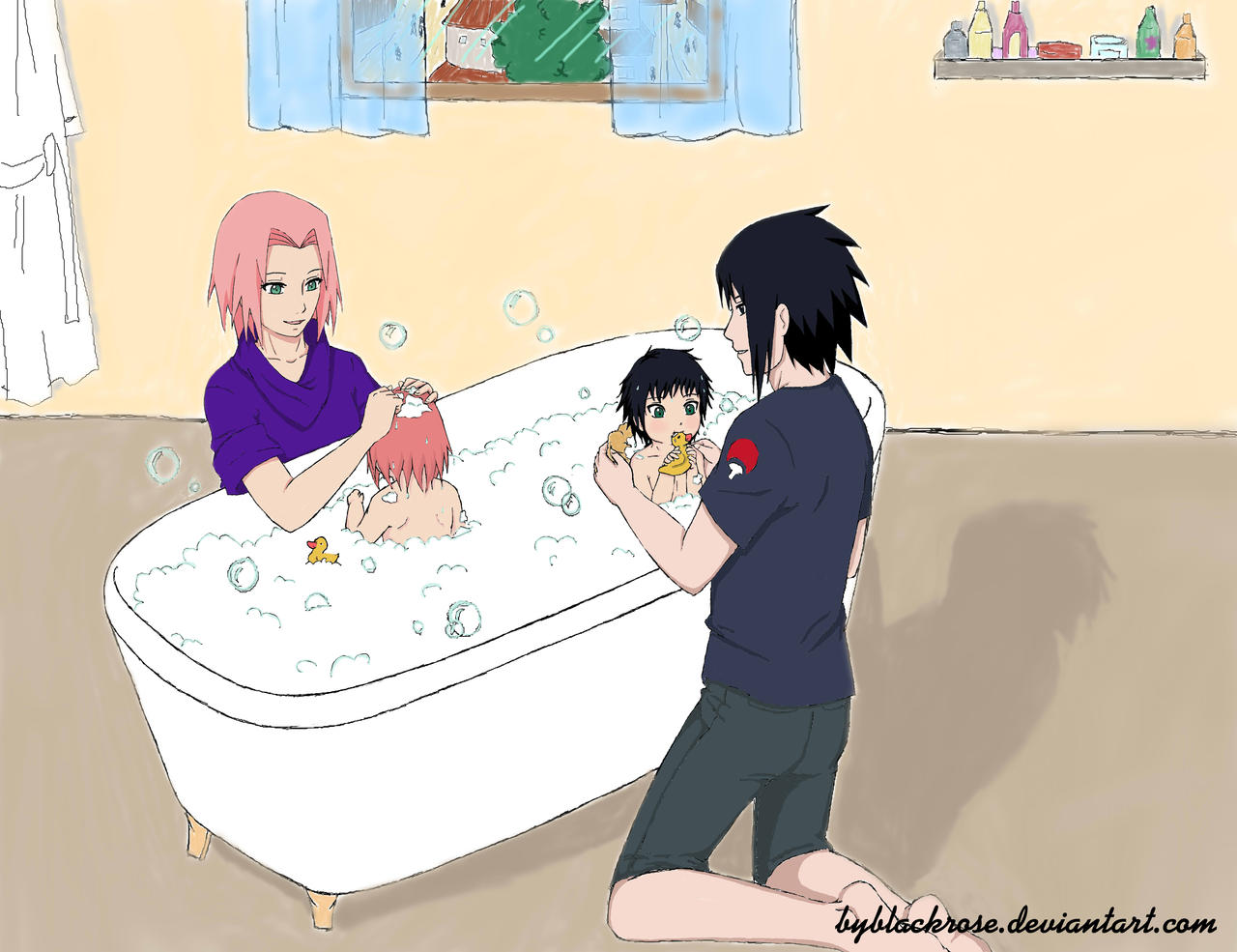 Sasuke and Sakura bathe kids (color version)