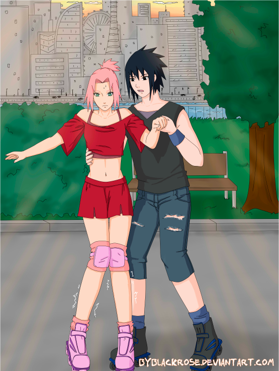 SasuSaku walk on roller skates1