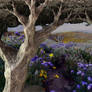 Oak tree on flower field