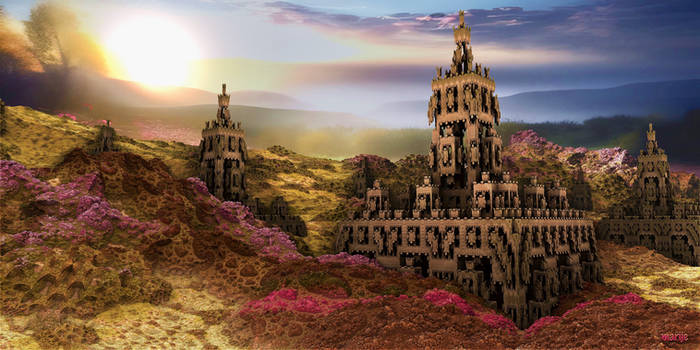 Ruins of a castle between mountain flowers ...