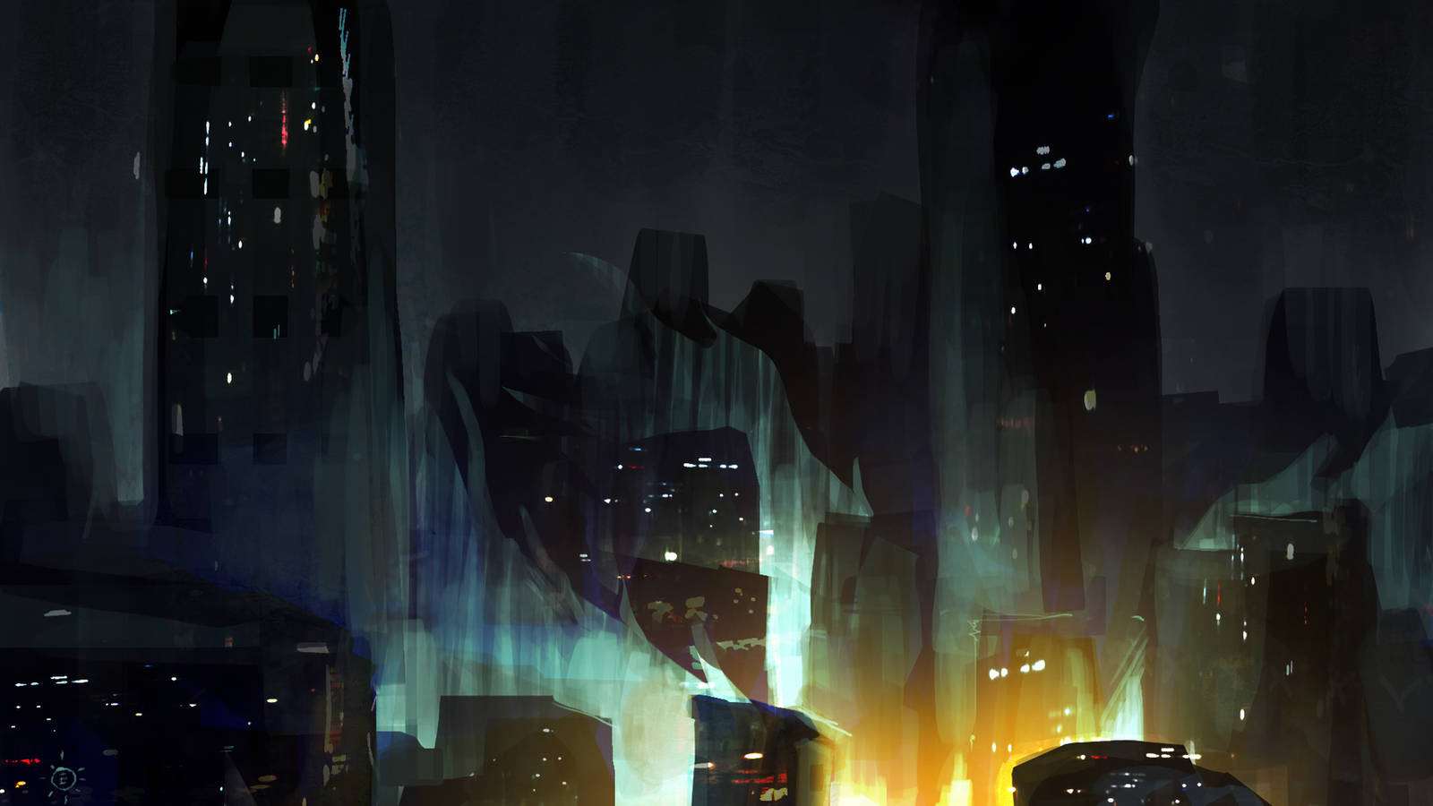 Drawtober Day 12 A City At Night With A Fire by Grizzlyfrog