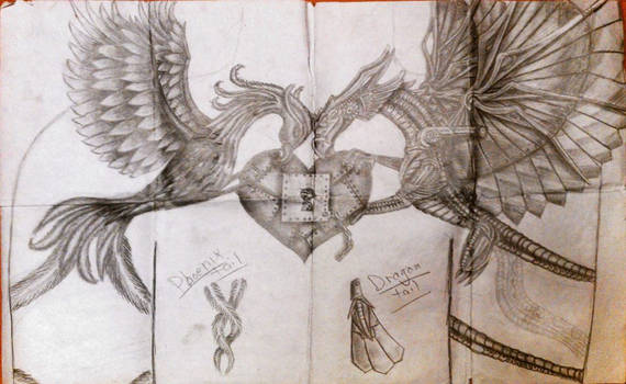 Phoenix and Dragon Chest Piece Tattoo sketch