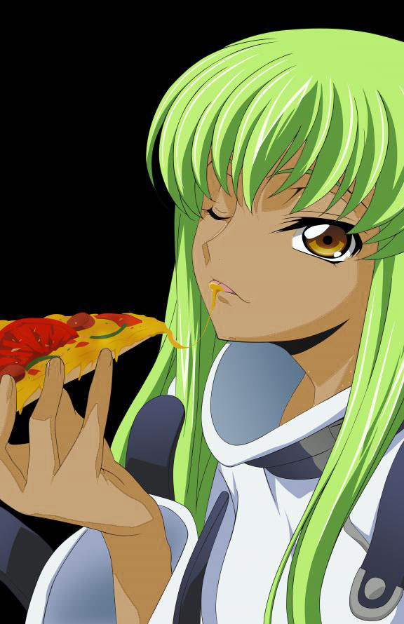 Black C.C. and her pizza