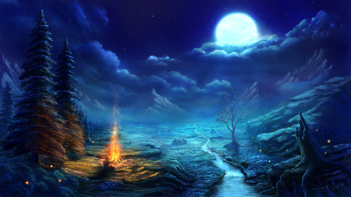 Картина небо луна. Волшебный пейзаж. Магический пейзаж. Ночной сказочный лес. Ночь фэнтези.