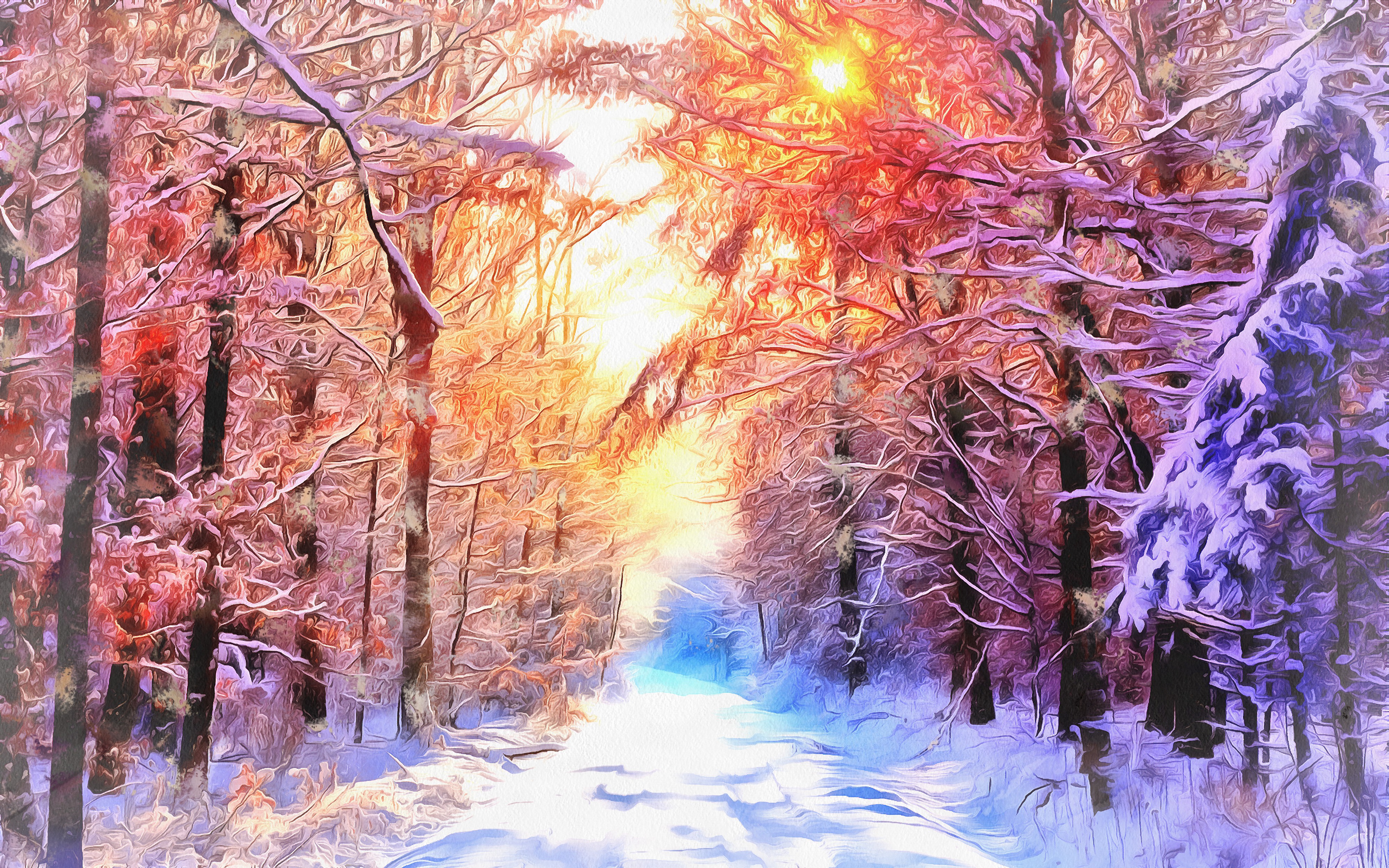 Nature Sundown Set in a snowy forest