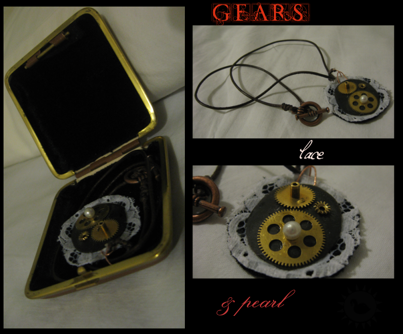 Steampunk Necklace-Pearl Gears by linderel
