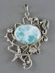 Silver pendant with a big larimar and seahorse