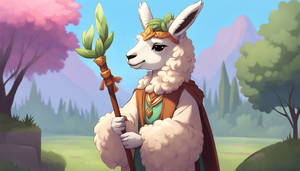 Magical Fluffy Llama Sage Holding Nature Staff On