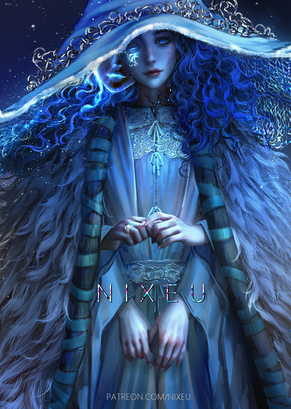 blue, digital, drawing, fanart, game, girl, hands, illustration, magic, photoshop, ranni, witch, art, fullbody, eldenring, 