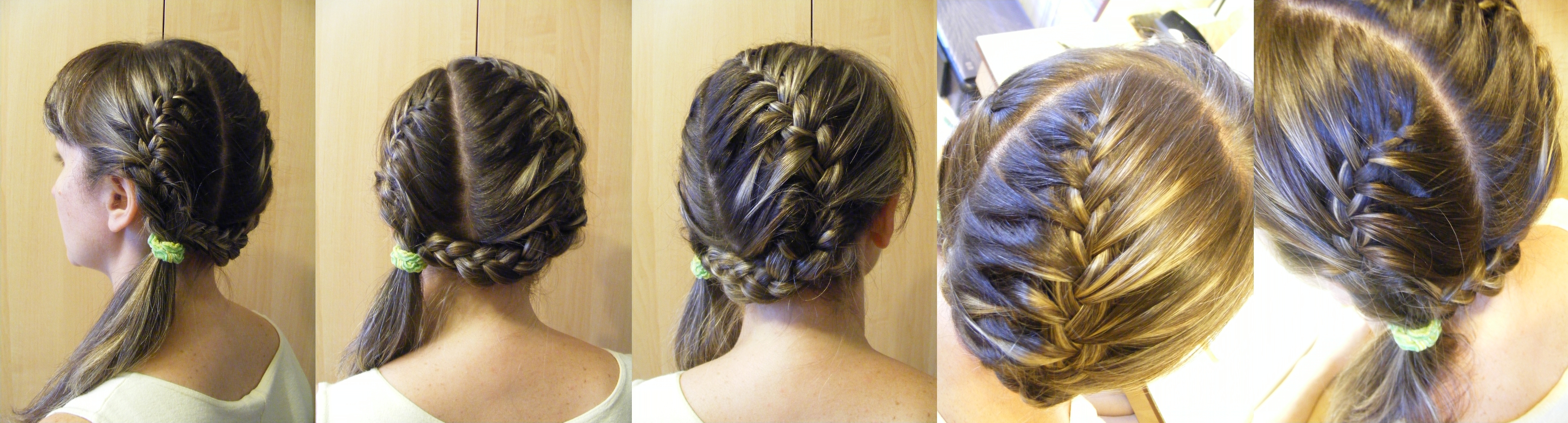 Wreath from 2 french braids ended with ponytail