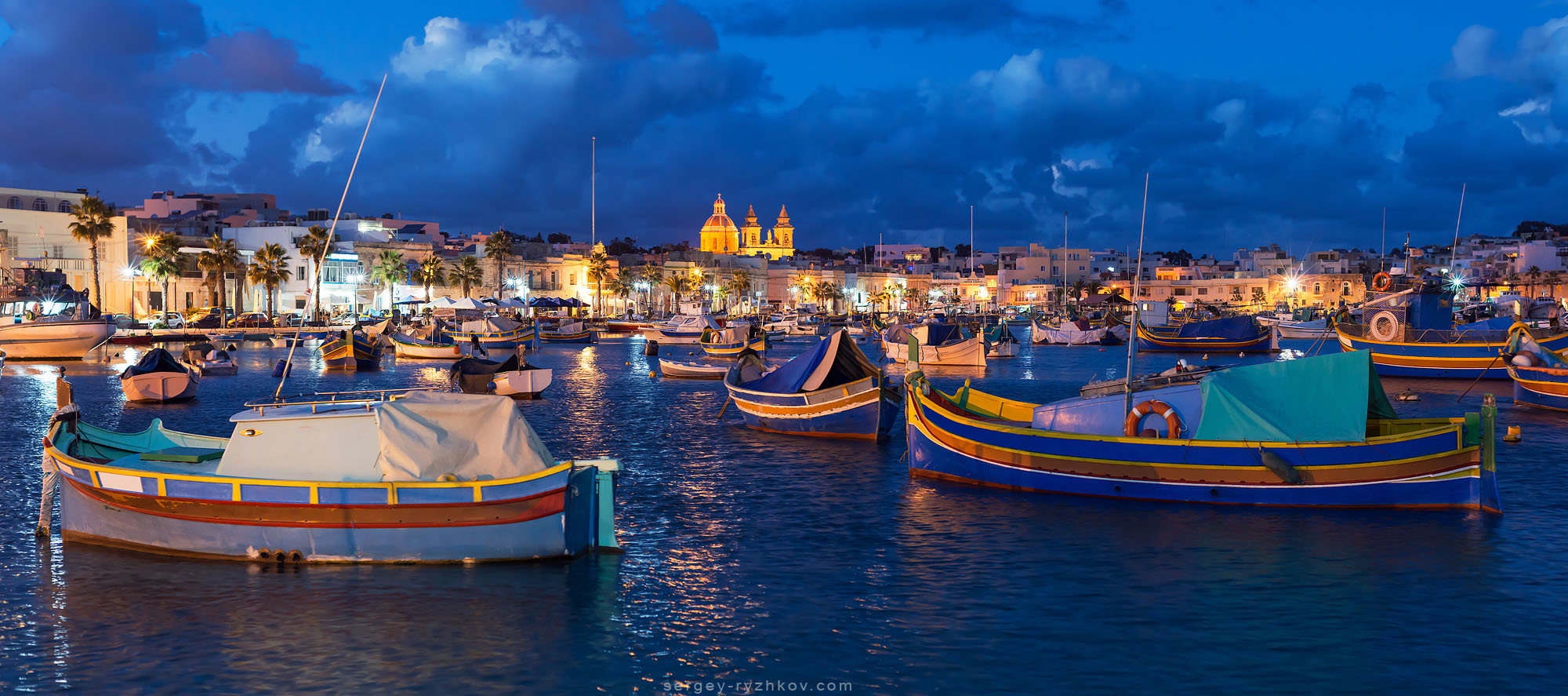 Panorama of night Marsaxlokk, Malta