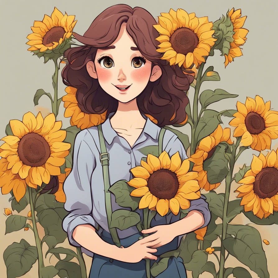 Cartoon Girl Holding Sunflowers