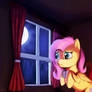 Fluttershy staring out a window at night