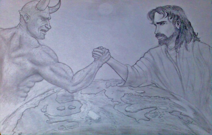 Satan armwrestling Jesus