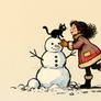 A girl with a kitten and a snowman