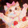 A cat with a bow and a cake