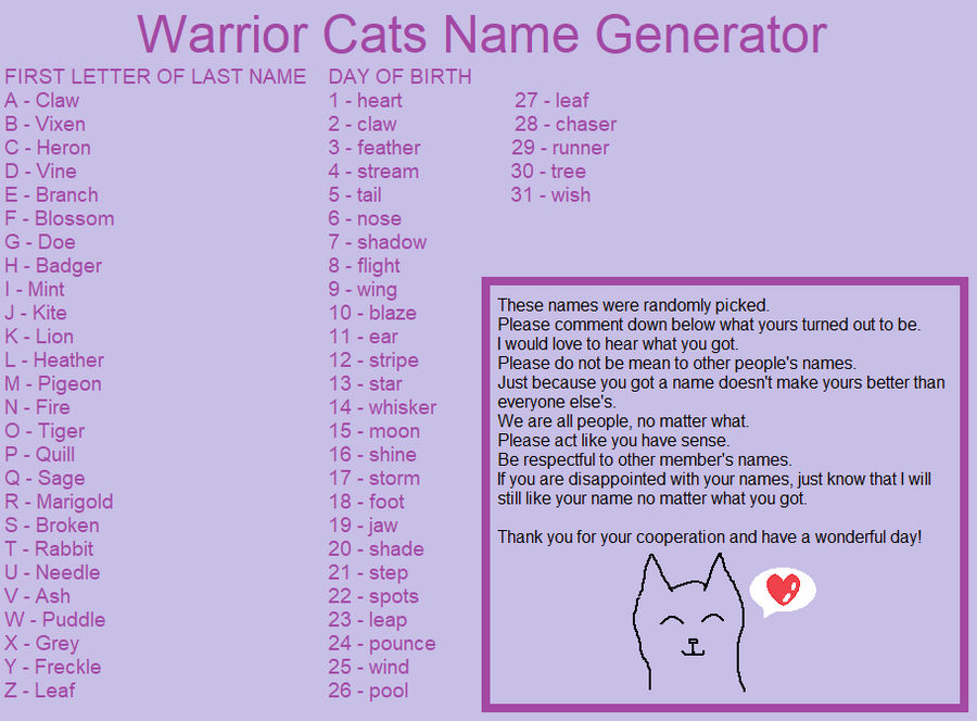 Warrior cats name generator by ClubCookieKira on DeviantArt