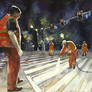 men painting zebra crossing