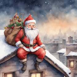 Render A Detailed Watercolor Of Santa On The Rooft