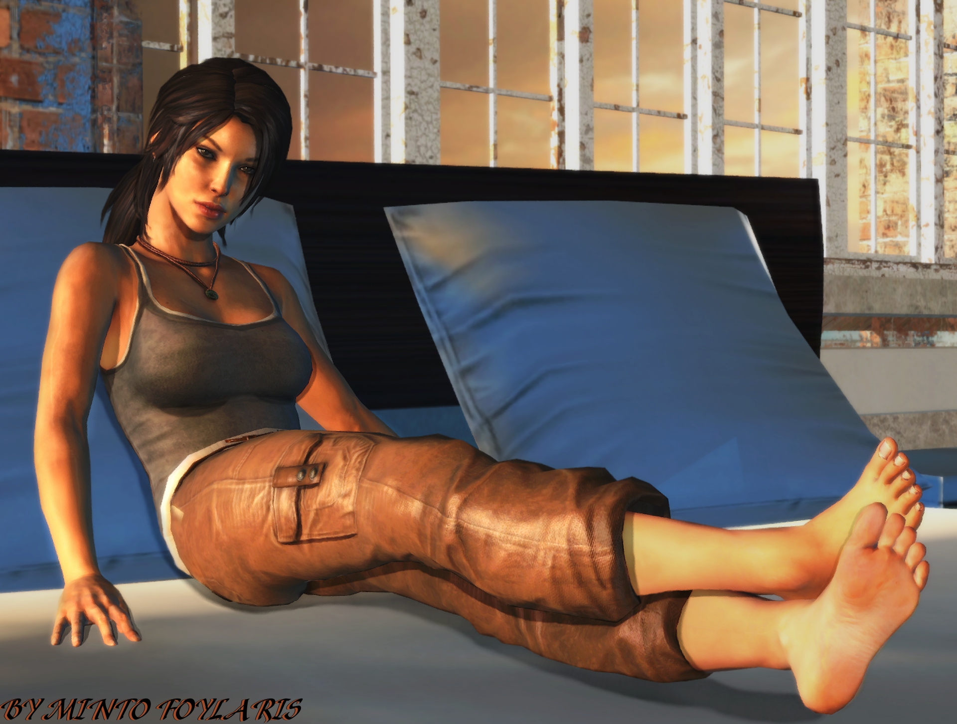 Lara Croft relaxing.