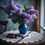 A bunch of purple lilacs in a blue vase on a lace 