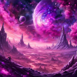 A musical space galaxy image, purples and pinks, 