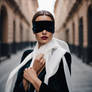 Lady In A Long Black Velvet Dress Blindfolded