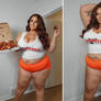 Olivia World in a outgrown hooters uniform