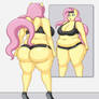 Super thicc anthro Fluttershy looks at a mirror