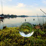 Glass sphere on moss at a lake