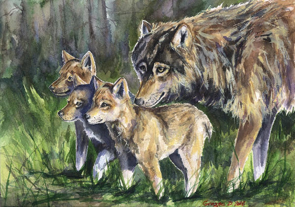 Wolf mother with cubs