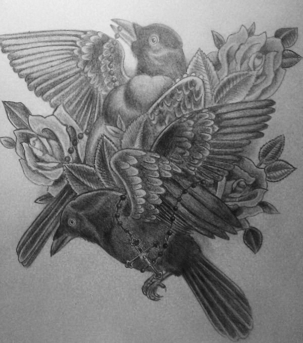 Crows and Roses tatoo design.