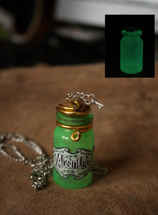 glow in the dark absinthe bottle necklace