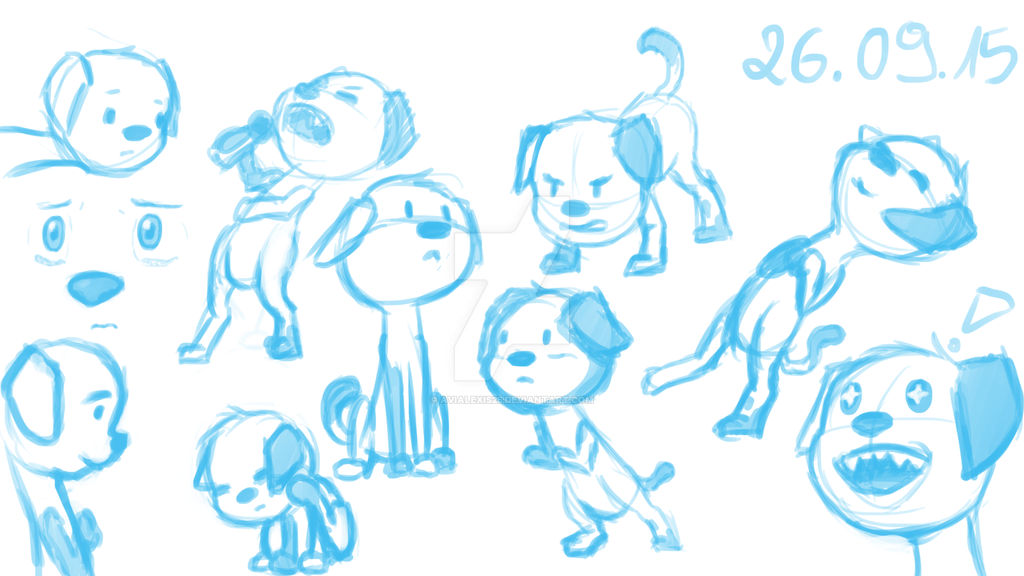 a page of sketches- a cartoony dog OC