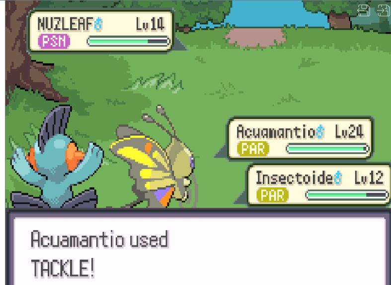 A vibrant Pokémon battle scene from Pokémon Emerald with colorful Pokémon sprites
