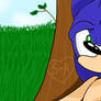 Sonic The Hedgehog sitting by a tree