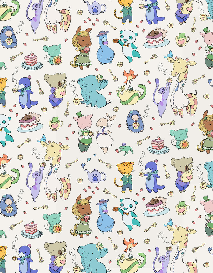 critters with tea, wallpaper detail