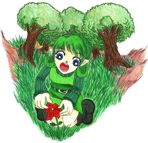 Saria finding a red flower