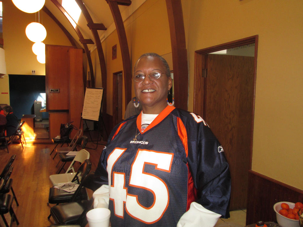 My mom wearing the 45 Broncos Jersey