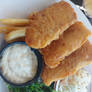 Having fish and chips for lunch outside the golf clubhouse