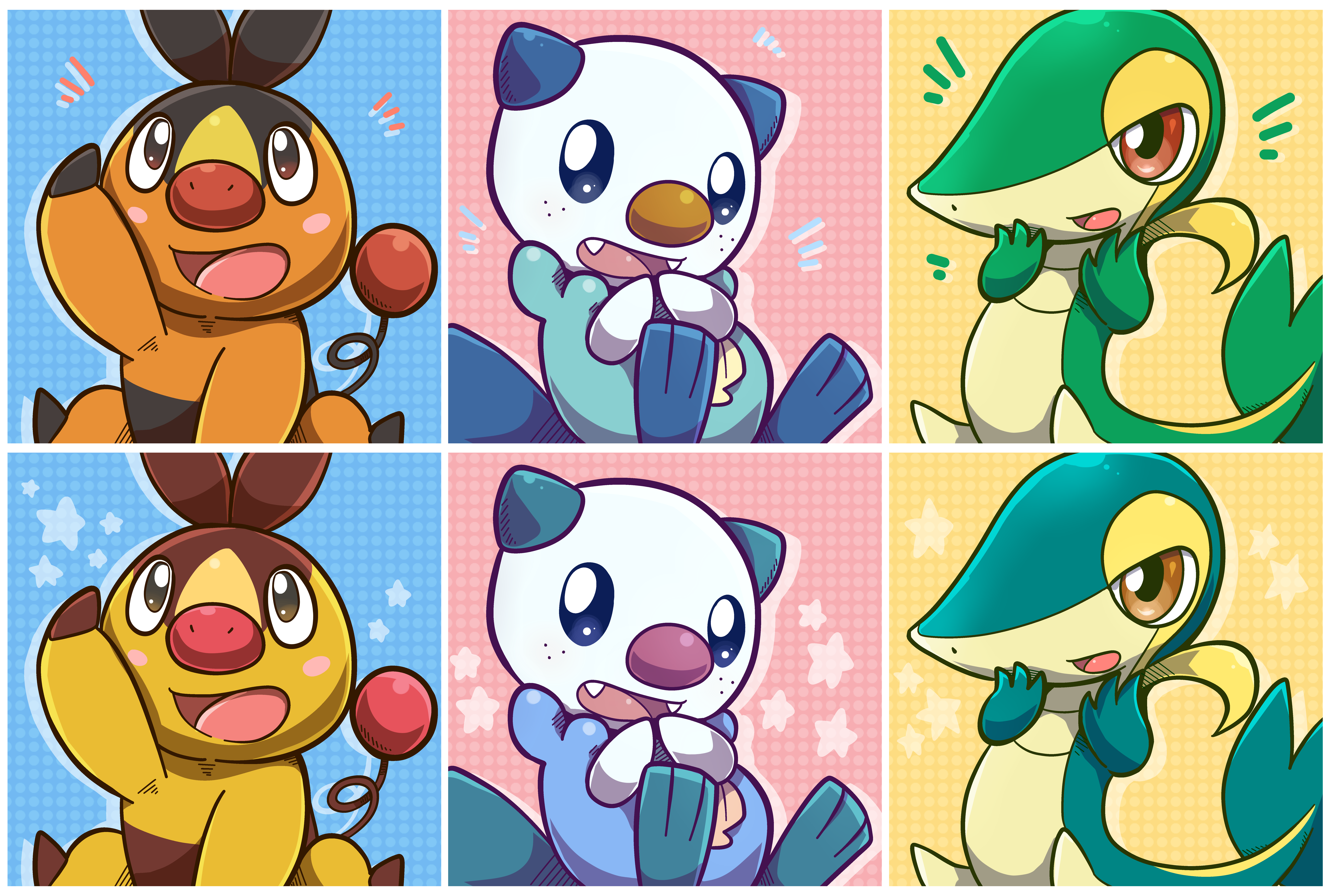 Reblog dump on main — Unova starters coloring gift to a friend.