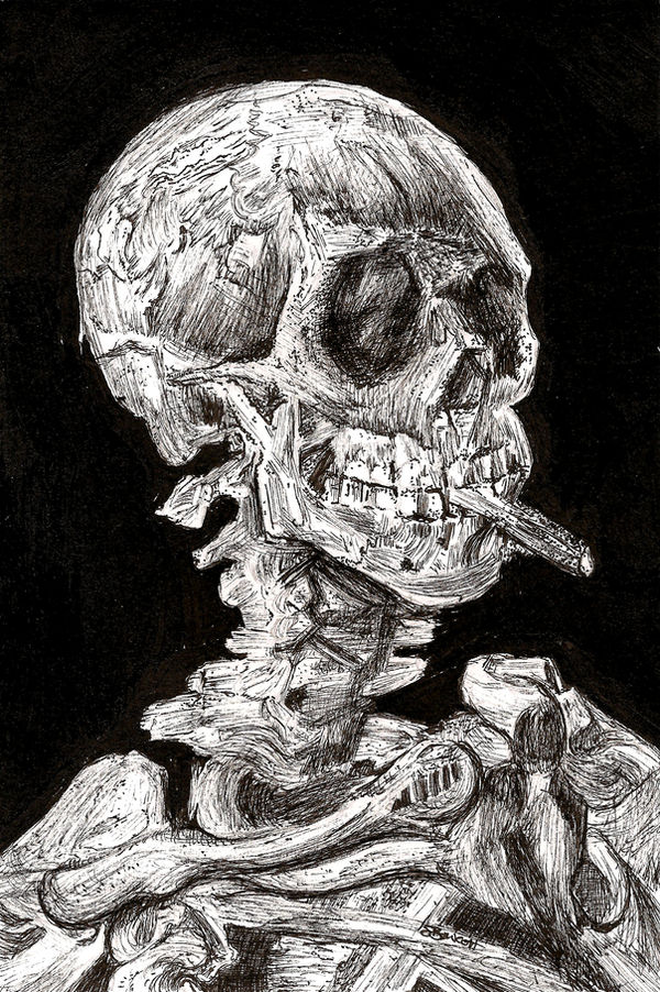 Skull with a Burning Cigarette in Ink