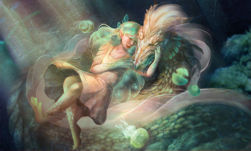 Sea Nymph and her pet Dragon by aerobicsalmon