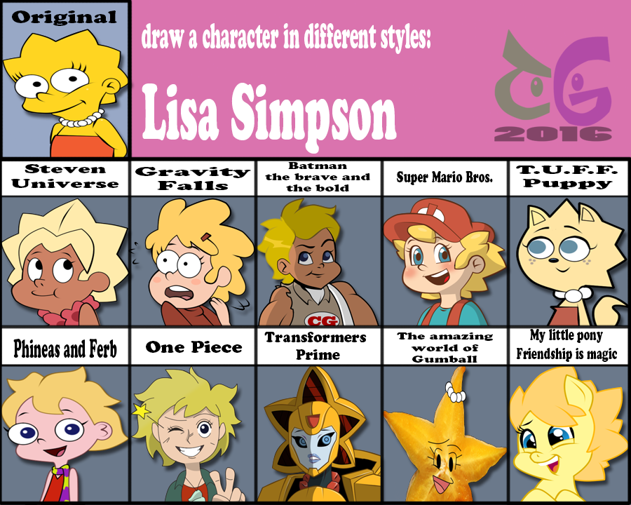 Draw a character in different styles: Lisa Simpson