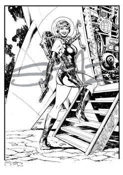 Rocket Girl climbs aboard her ship.