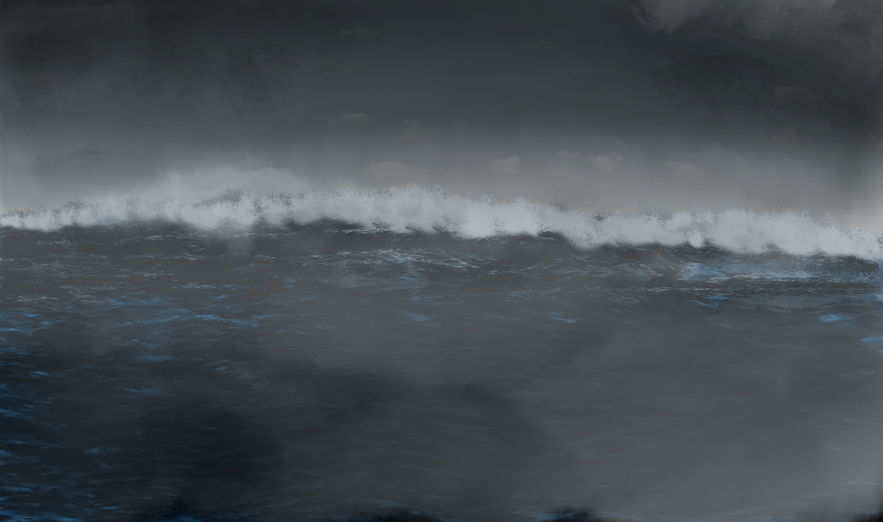 A digital painting of a large wave on a stormy day, the wave appears to be rolling towards the viewer.