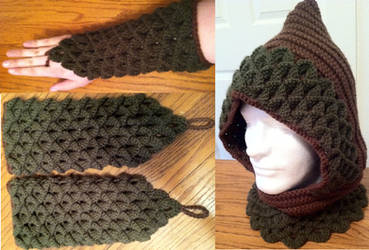 Crochet hood with matching gauntlets